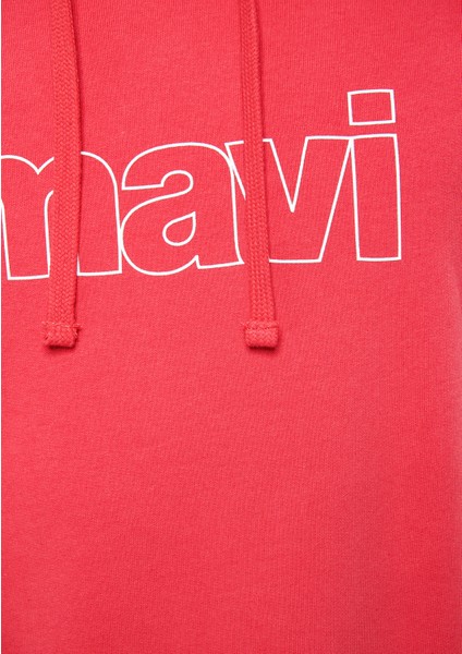 Erkek Mavi Logo Baskılı Kapüşonlu Kırmızı Sweatshirt 065606-70468