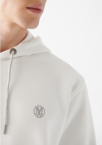 Erkek Mavi Logo Nakışlı Kapüşonlu Beyaz Sweatshirt 065809-34519