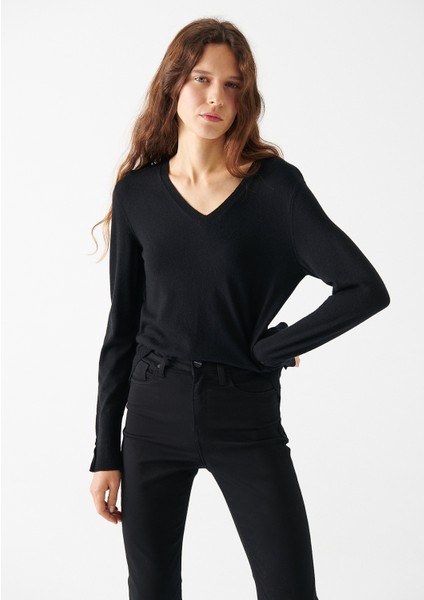 Kadın V Yaka Siyah Kazak 171346-900 fiyatları