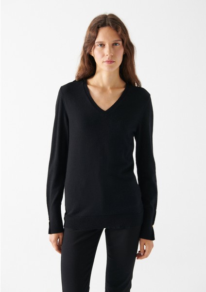 Kadın V Yaka Siyah Kazak 171346-900 modelleri