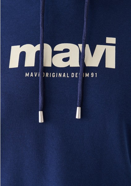 Kadın Mavi Logo Baskılı Kapüşonlu Lacivert Sweatshirt 168334-70488