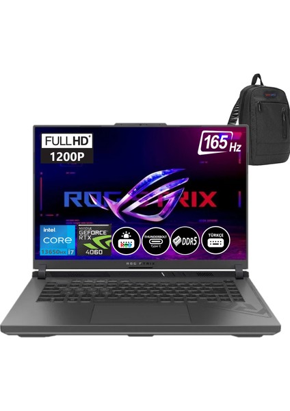 Rog Strix G16 13. Nesil Intel I7-13650HX 64GB Ddr5 Ram 2tb SSD 8gb RTX4060 16 Inç Fhd+ 165Hz Freedos Taşınabilir Bilgisayar BMG614JVN315709+ZETTAÇANTA