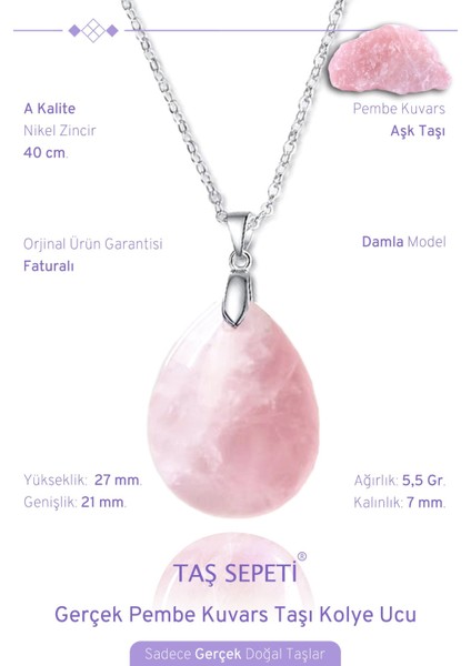 Gerçek Pembe Kuvars Doğal Taşı Damla Model Zincirli Kolye Ucu