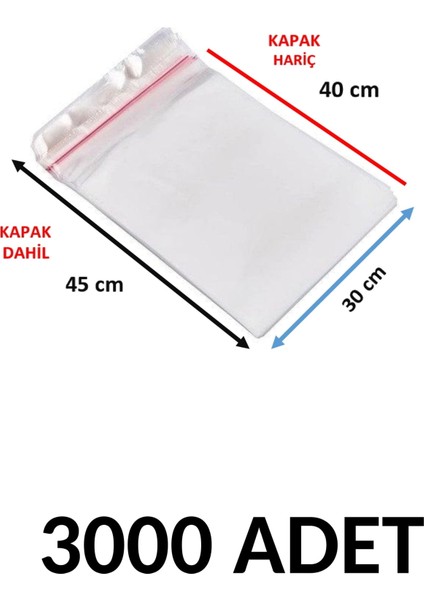 3000 Adet Şeffaf Yapışkanlı Delikli Poşet - Opp Kendinden Yapışkanlı Parlak Poşet Delikli 30X45 cm