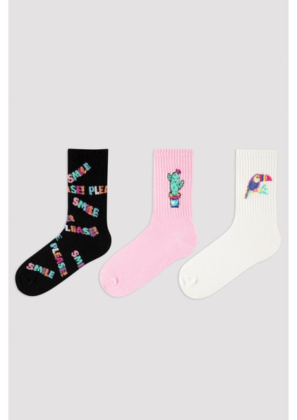 Çok Renkli Kız Çocuk Smile Please Baskılı 3lü Soket Çorap
