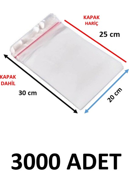 3000 Adet Şeffaf Yapışkanlı Poşet - Opp Kendinden Yapışkanlı Parlak Poşet 20X30 cm