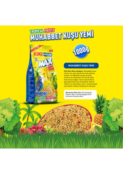 Kıkı Excellent Kuş Max Menu Budgies Tropical Fruity Tropikal Meyveli Muhabbet Kuşu Yemi 1000 Gr. KB312