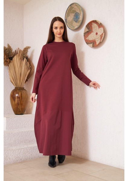 Bordo Uzun Kollu Eteği Poplin Detaylı Maxi Boy Elbise DM4640