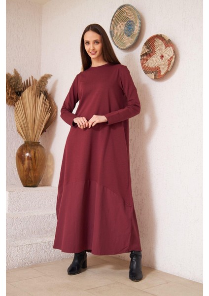 Bordo Uzun Kollu Eteği Poplin Detaylı Maxi Boy Elbise DM4640