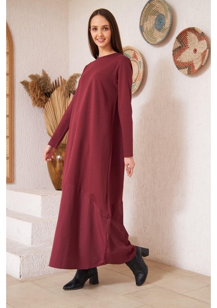 Bordo Uzun Kollu Eteği Poplin Detaylı Maxi Boy Elbise DM4640