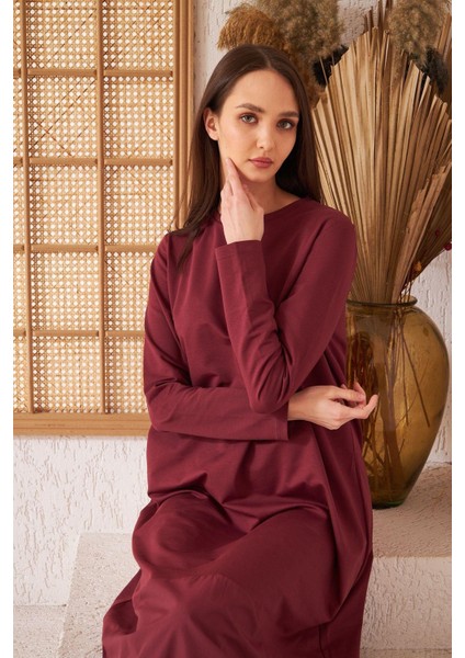 Bordo Uzun Kollu Eteği Poplin Detaylı Maxi Boy Elbise DM4640