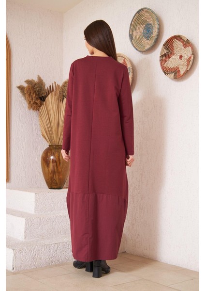 Bordo Uzun Kollu Eteği Poplin Detaylı Maxi Boy Elbise DM4640