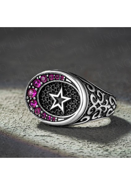 925 Ayar Gümüş Ruby Taşlı Ayyıldız Özel Tasarım Erkek Yüzük