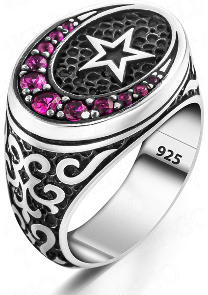 925 Ayar Gümüş Ruby Taşlı Ayyıldız Özel Tasarım Erkek Yüzük fiyatları