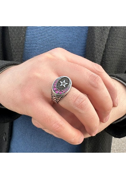 925 Ayar Gümüş Ruby Taşlı Ayyıldız Özel Tasarım Erkek Yüzük modelleri