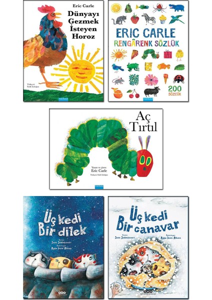 Mavibulut Yayınları - Aç Tırtıl / Eric Carle + Dünyayı Gezmek Isteyen Horoz + Rengarenk Sözlük + Üç Kedi Bir Dilek + Üç Kedi Bir Canavar / Sara Şahinkanat - 5 Kitap Set Çocuk Hikaye Kitapları