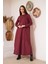 Bordo Uzun Kollu Eteği Poplin Detaylı Maxi Boy Elbise DM4640 2
