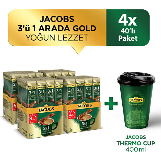 3ü1 Arada Gold Kahve Karışımı Yoğun Lezzer  (40 x 4 Paket) + Jacobs  Thermo Cup 400 ml