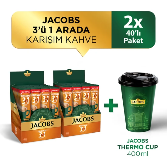 Jacobs 3ü1 Arada Karışım Kahve (40 x 2 Paket) + Jacobs Thermo Cup 400 ml