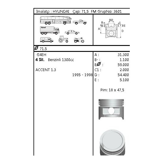 GOETZE Piston+Segman Accent 9499 1,3 Std 71,50MM Fiyatı