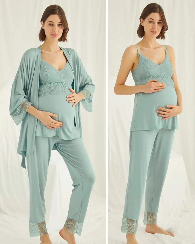 Monamise 18469 Yeşil Hamile Lohusa 3 Lü Pijama Sabahlık Tk görsel 2