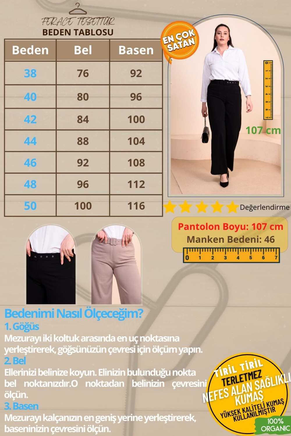 FERACE Kadin Buyuk Beden Kumas Pantolon Kemerli ve Geniş Paça Palazzo Model görsel 7
