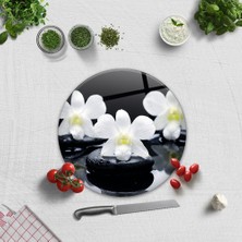 Decorita Taş Üzeri 3'lü Orkide | Cam Kesme Tahtası - Cam Kesme Tablası | Çap 32cm