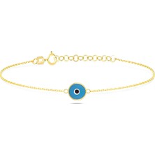 Prenses Pırlanta Kadın 14 Ayar Altın Göz Bileklik Mat Mavi Renk Altın Nazar Gözlü Bileklik Uzatmalı 18 cm