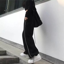 Gothic Harajuku Zip Detay Black Tracksuit Siyah Beyaz Cizgili Lastikli Oversize Eşofman