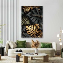 SML Tablo Gold Detaylı Büyük Yapraklar Doğa Dekor Kanvas Tablo