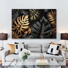 SML Tablo Gold Detaylı Büyük Yapraklar Doğa Dekor Kanvas Tablo