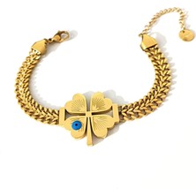 Hg.Aksesuar Kadın Nazarlı Yonca Figürlü Çelik Zincir Bileklik