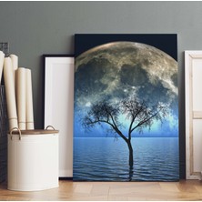 Doğal Tercih Denizdeki Dolunay Fonunda Tek Ağaç Dekoratif Dikey Kanvas Tablo