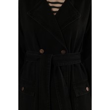 HE-QA Denim Trençkot Uzun Siyah
