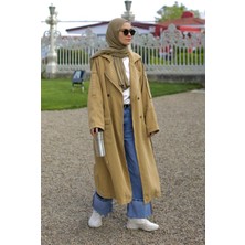 HE-QA Denim Trençkot Uzun Açık Camel