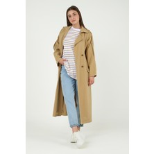 HE-QA Denim Trençkot Uzun Açık Camel