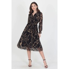 Neşeli Butik Kadın Astarlı Yeni Sezon Kruvaze Yaka Midi Boy Şifon Elbise RSSN06