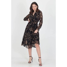 Neşeli Butik Kadın Astarlı Yeni Sezon Kruvaze Yaka Midi Boy Şifon Elbise RSSN06