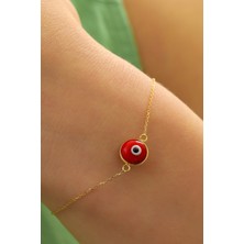 Prenses Pırlanta Kadın 14 Ayar Altın Göz Bileklik Kırmızı Renk Altın Nazar Gözlü Bileklik Uzatmalı 18 cm