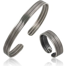 Stil Love Gümüş Çizgi Desenli Bileklik ve Yüzük Set