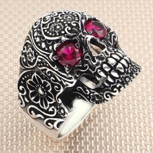 Takılingo 925 Ayar Gümüş Ruby Yakut Taşlı Kuru Kafa Motifli Gothik Tasarım Taşsız Erkek Yüzük