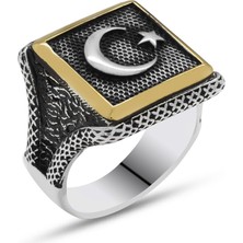 Takılingo 925 Ayar Gümüş Kare Tasarım Ayyıldız Motifli Taşsız Erkek Yüzük