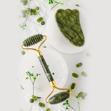 Osmanlı Doğal Taş Yeşim Taşı Masaj Takımı - Tırtıklı Roller ve Gua Sha Kaz Ayaklı Set