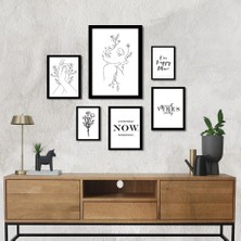 Trend Poster Siyah Çerçeve Görünümlü 6'lı Toplu Genç Duvar Tablosu Çiçek Mutluluk Aşk Karışık Siyah Beyaz Duvar Tablosu Retro Ahşap Poster