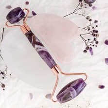 Osmanlı Doğal Taş Ametist Roller ve Pembe Kuvars Kalpli Gua Sha Takımı