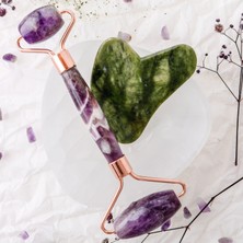 Osmanlı Doğal Taş Ametist Roller ve Yeşim Kalpli Gua Sha Takımı