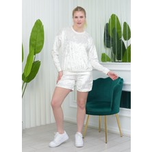 Nuseel Janjanlı Kadife Takım Beyaz Rengi