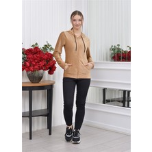 Nuseel Kapşonlu Fitilli Kadife Hırka Bej Rengi