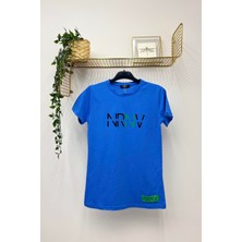 Nrnv Baskılı Bisiklet Yaka Normal Kalıp Tshirt - 1015 - Indigo