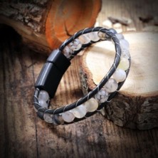 Hg.Aksesuar Erkek Damarlı Akik Doğal Taş Deri Bileklik